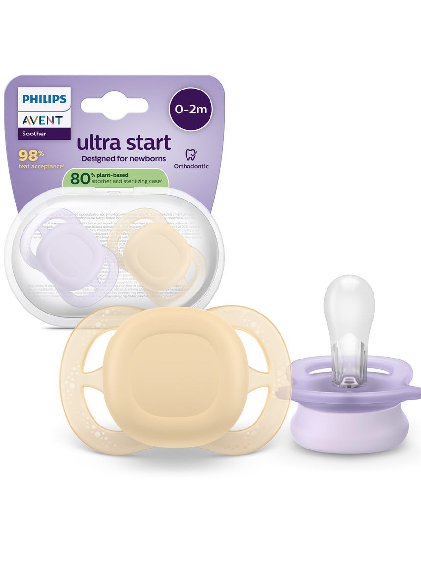 Succhietti ultra start 0-2m day pastello giallo e viola, a base vegetale - set da 2 ciucci - philips avent