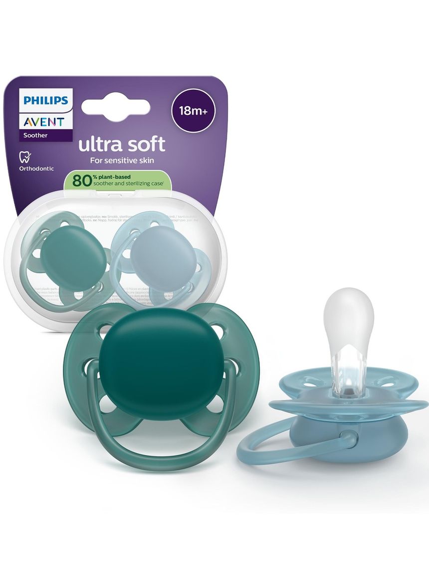 Succhietti ultra soft 18m+ pastello blu, a base vegetale - set da 2 ciucci - philips avent