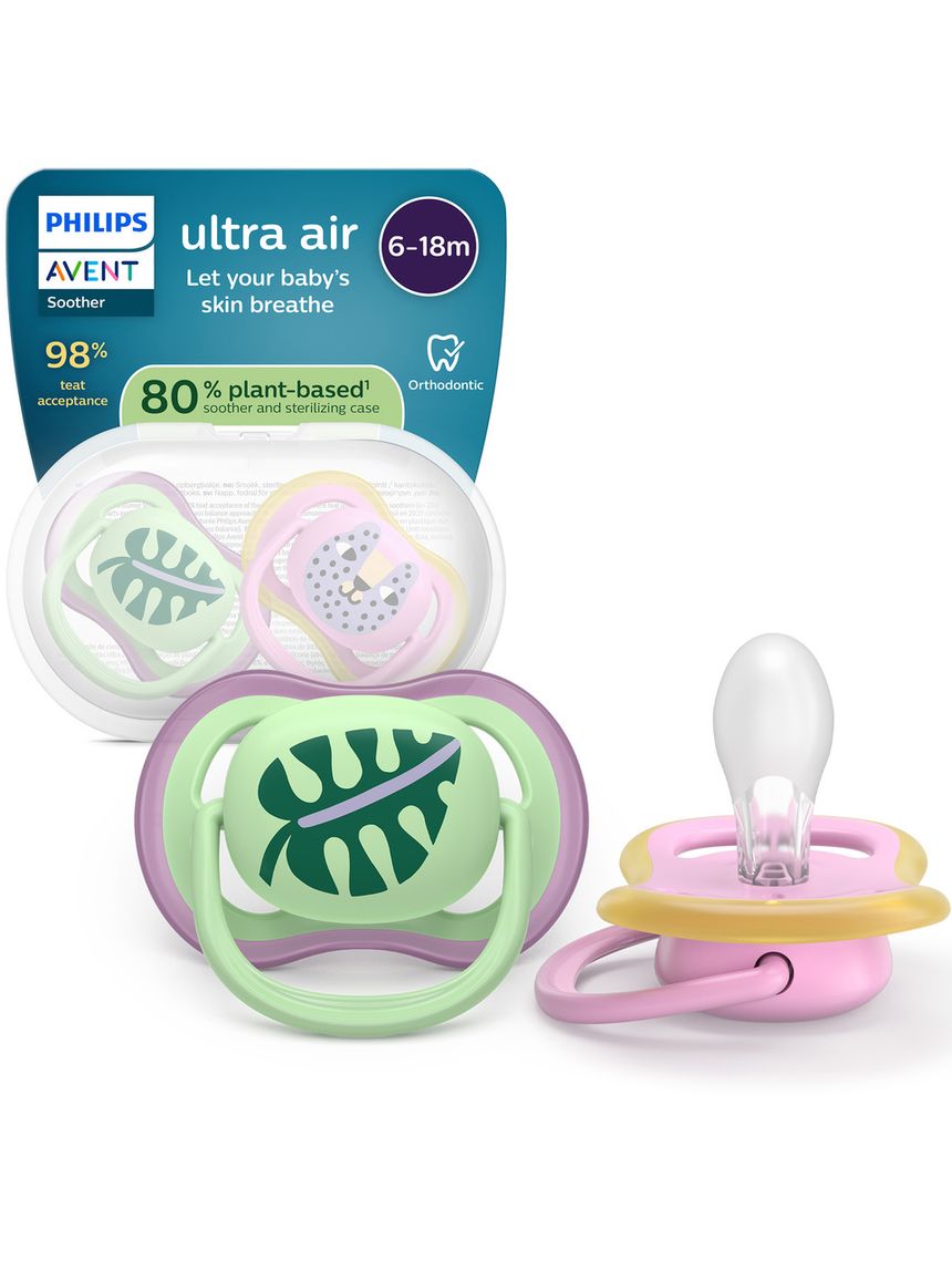 Succhietti ultra air 6-18m foglia e leopardo, a base vegetale - set da 2 ciucci - philips avent