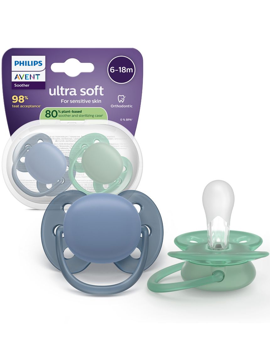 Succhietti ultra soft  6-18m pastello blu e verde, a base vegetale - set da 2 ciucci - philips avent