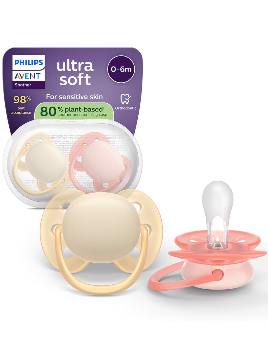 Succhietti ultra soft 0-6m pastello crema e rosa, a base vegetale - set da 2 ciucci - philips avent