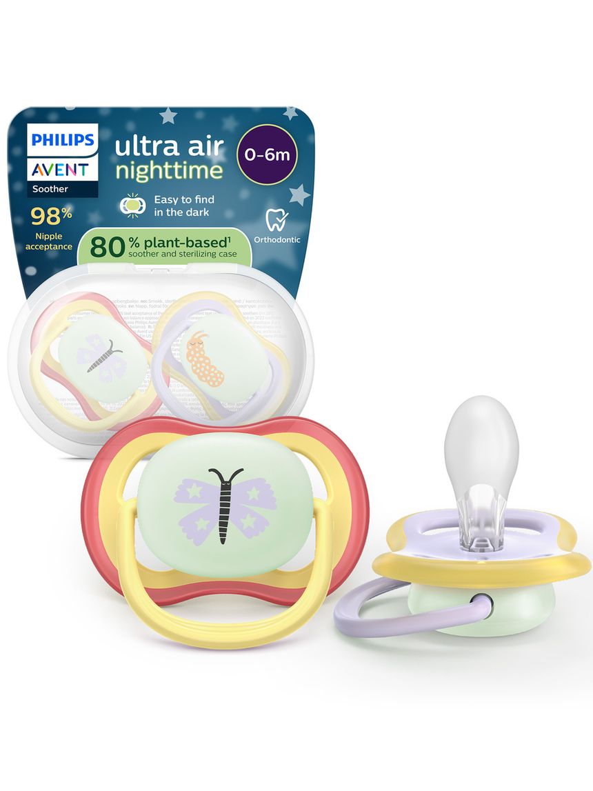 Succhietti ultra air night 0-6m farfalla e bruco, a base vegetale - set da 2 ciucci - philips avent