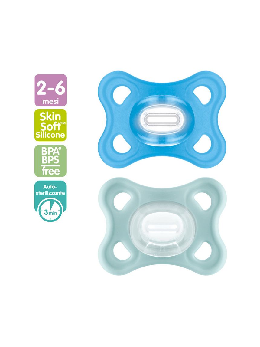 Succhietto comfort 3-12 mesi (set da 2), 100% silicone con porta ciuccio sterilizzatore, azzurro/neutro - mam