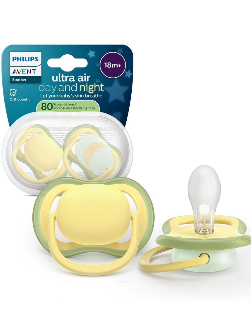 Succhietti ultra air day&night 18m+ pastello giallo e verde con luna, a base vegetale - set da 2 ciucci - philips avent