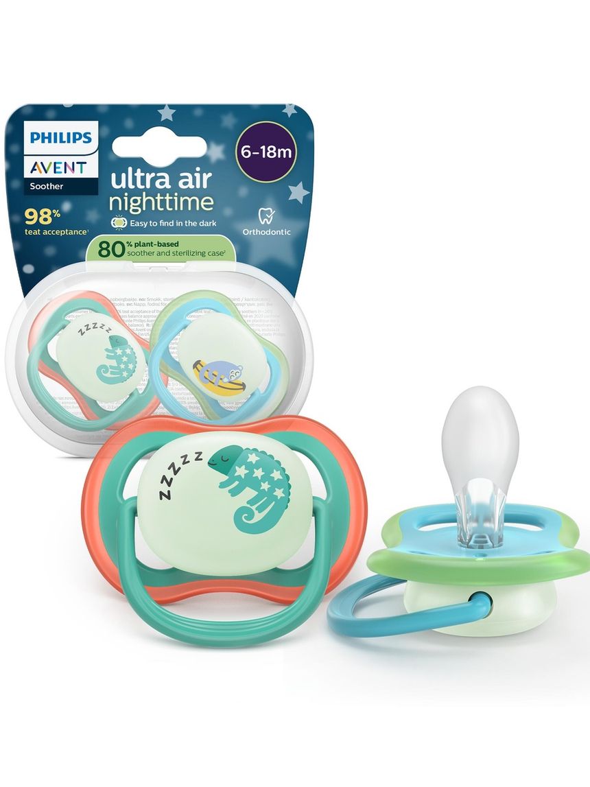 Succhietti ultra air night 6-18m camaleonte e scimmia, a base vegetale - set da 2 ciucci - philips avent