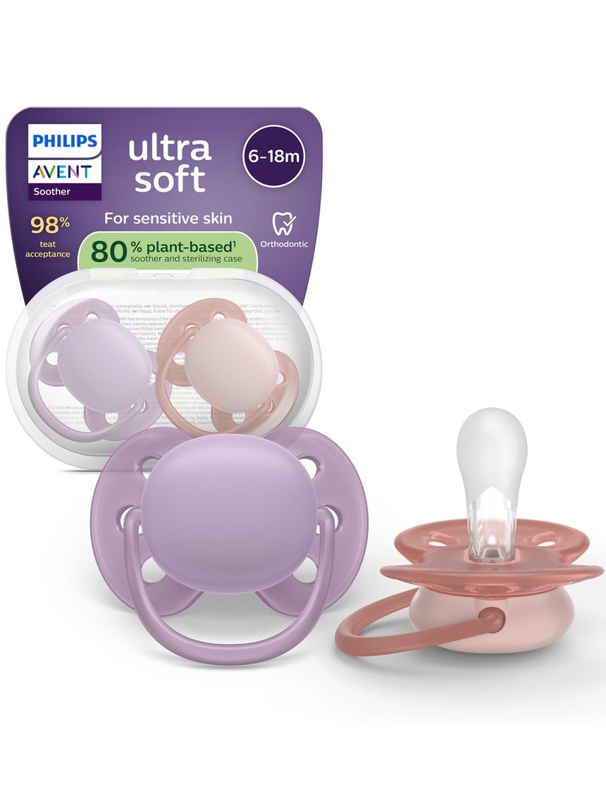 Succhietti ultra soft 6-18m pastello viola e rosso, a base vegetale - set da 2 ciucci - philips avent