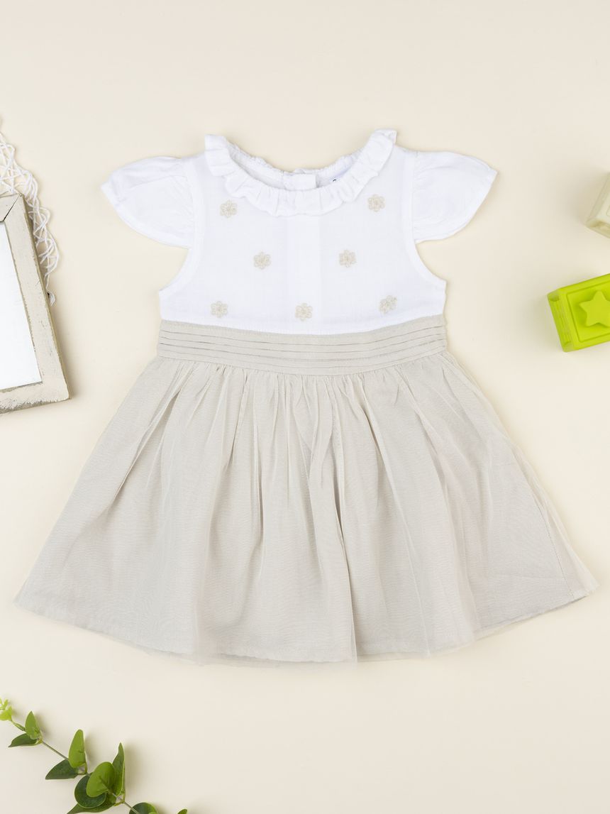 Abito lino bimba beige con ricami