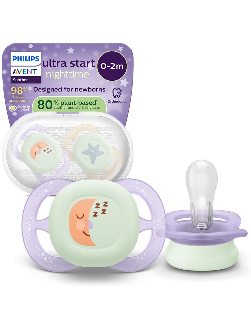 Succhietti ultra start 0-2m night pastello viola e arancione luna e stella, a base vegetale - set da 2 ciucci - philips avent