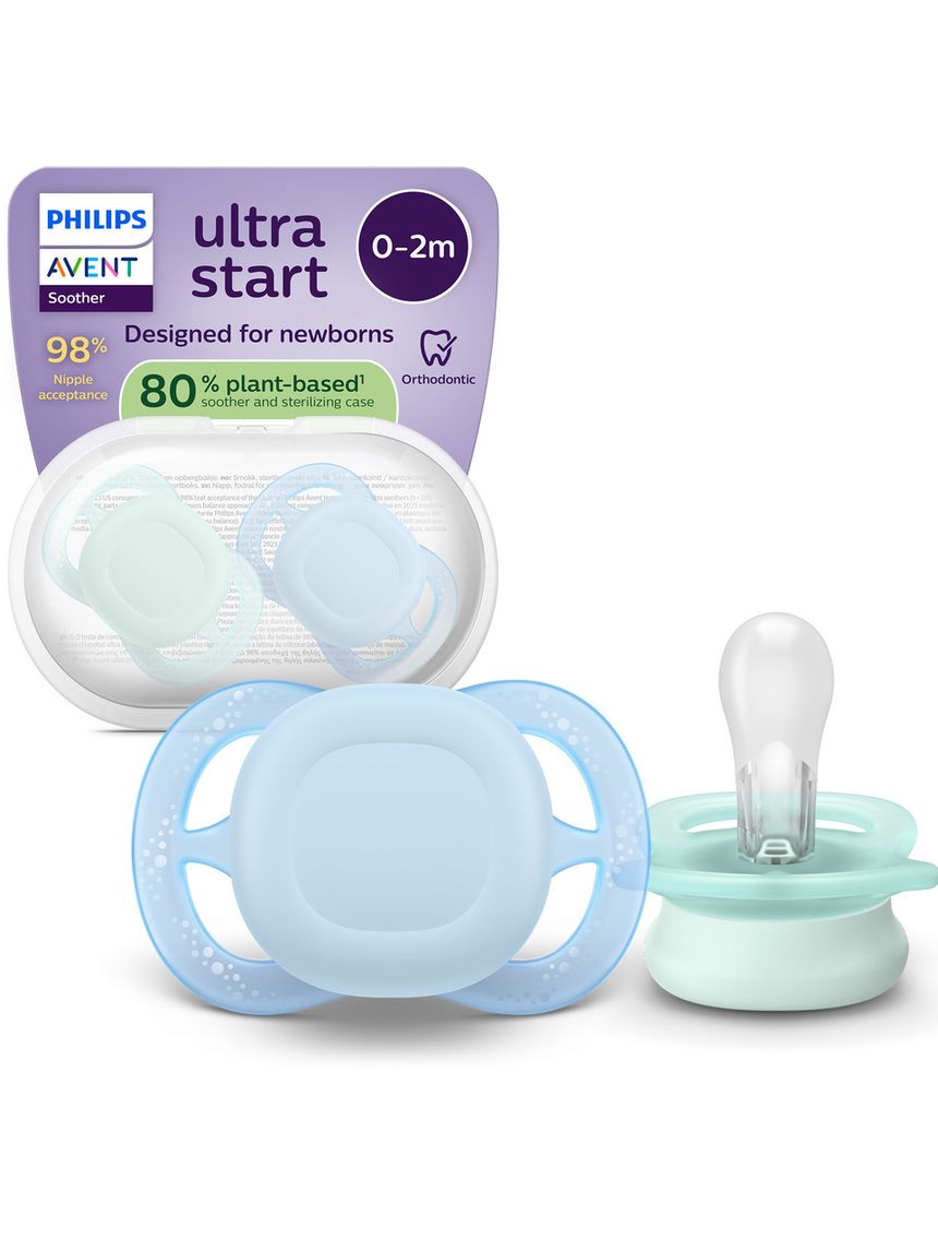 Succhietti ultra start 0-2m day pastello verde e blu , a base vegetale - set da 2 ciucci - philips avent