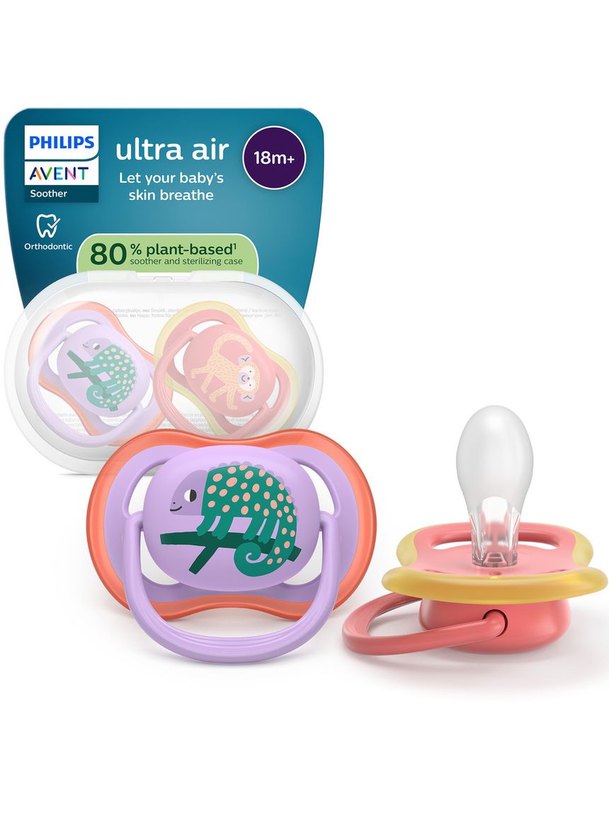 Succhietti ultra air 18m+ camaleonte e scimmia, a base vegetale - set da 2 ciucci - philips avent