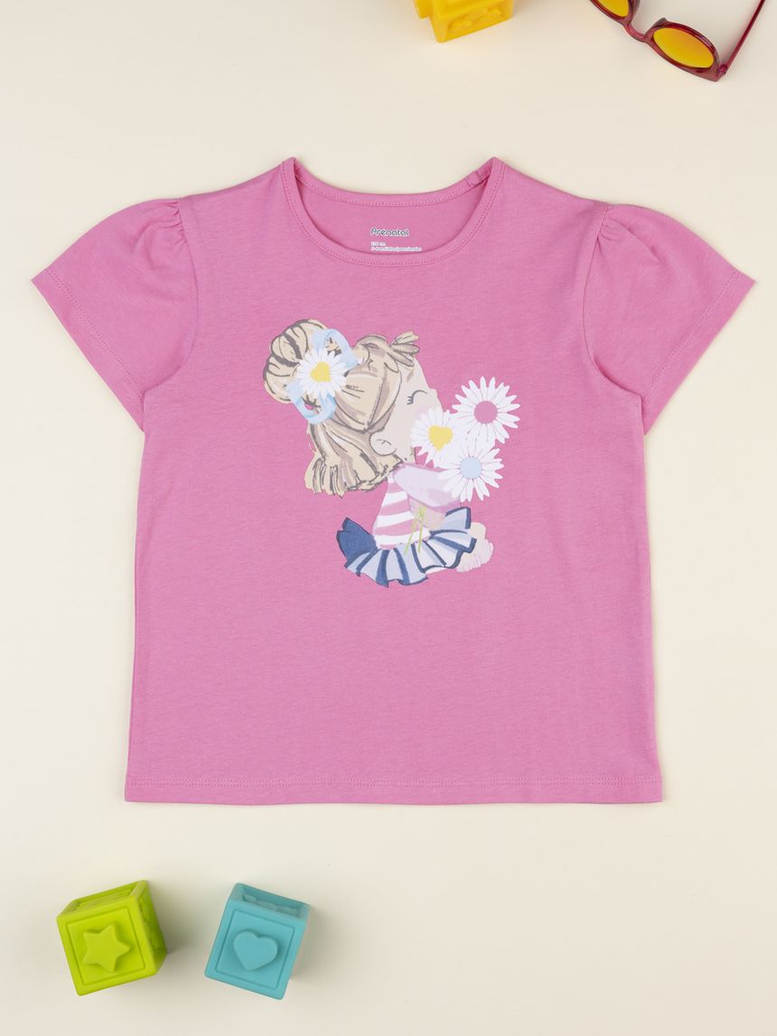T-shirt fucsia mezza manica bambina con stampa