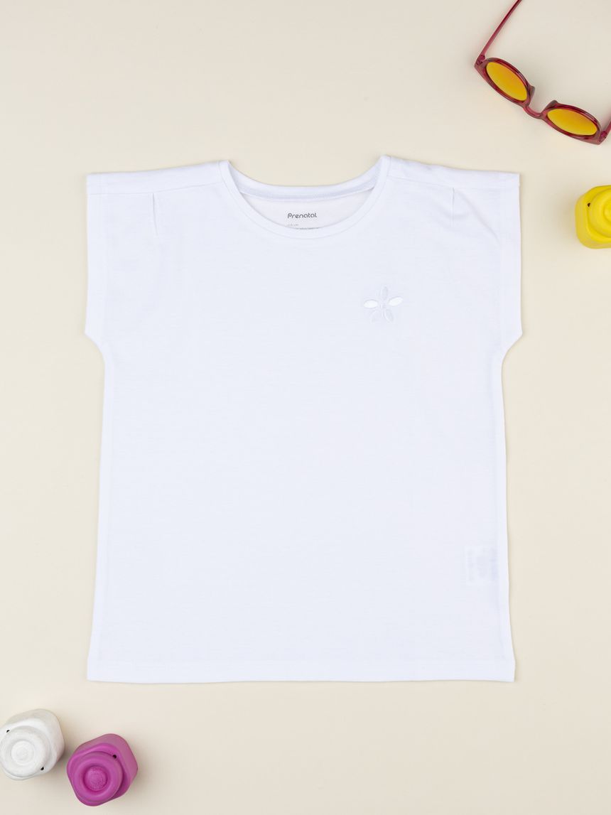 T-shirt bianca bambina ricamo fiore