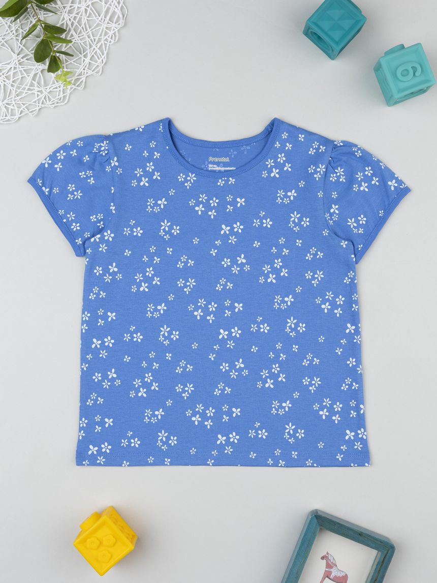 T-shirt maniche corte bambina blu fiori allover