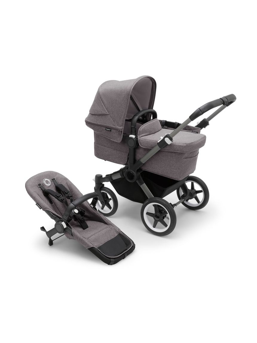Duo donkey 5 mono navicella e passeggino telaio graphite, tessuti e cappottina grey melange - bugaboo