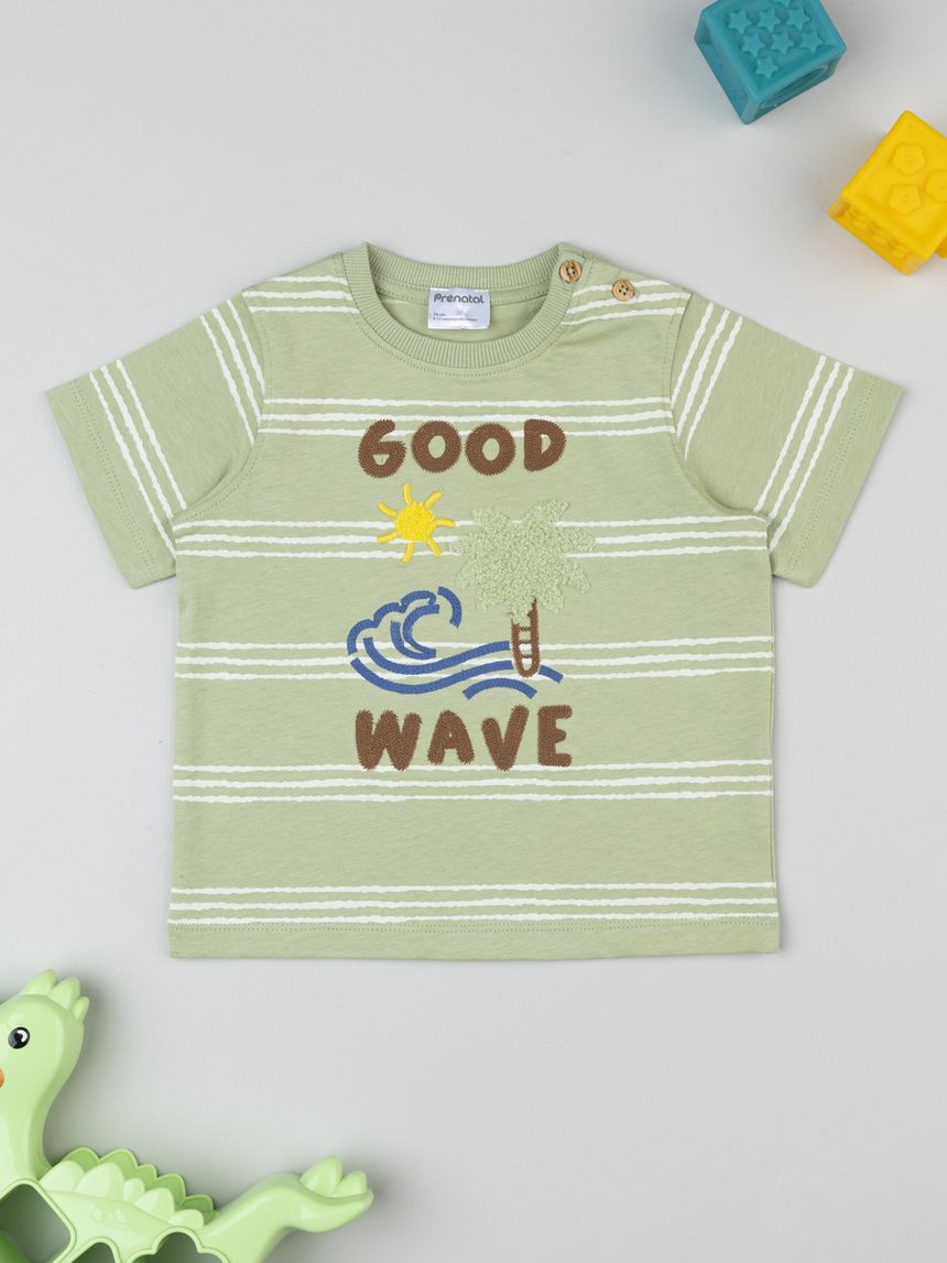 T-shirt verde rigata "good wave"