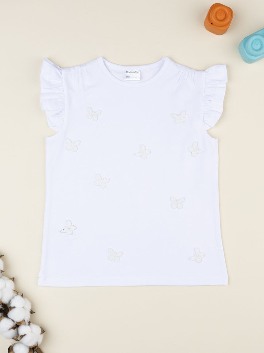 T-shirt bambina bianca con farfalle applicate