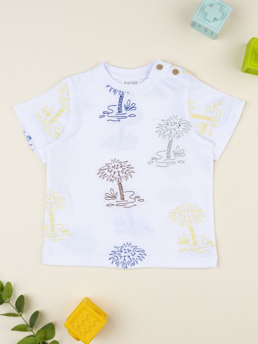 T-shirt bimbo bianca palme ricamate
