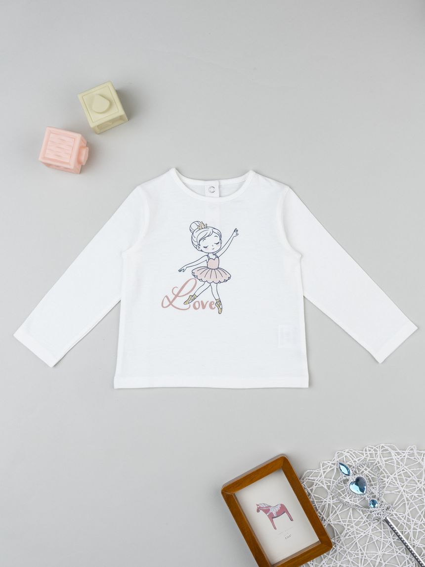 T-shirt bimba bianca stampa ballerina