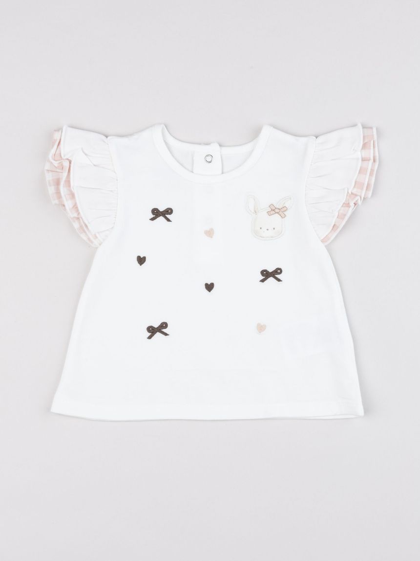 T-shirt panna bimba con maniche ad aletta