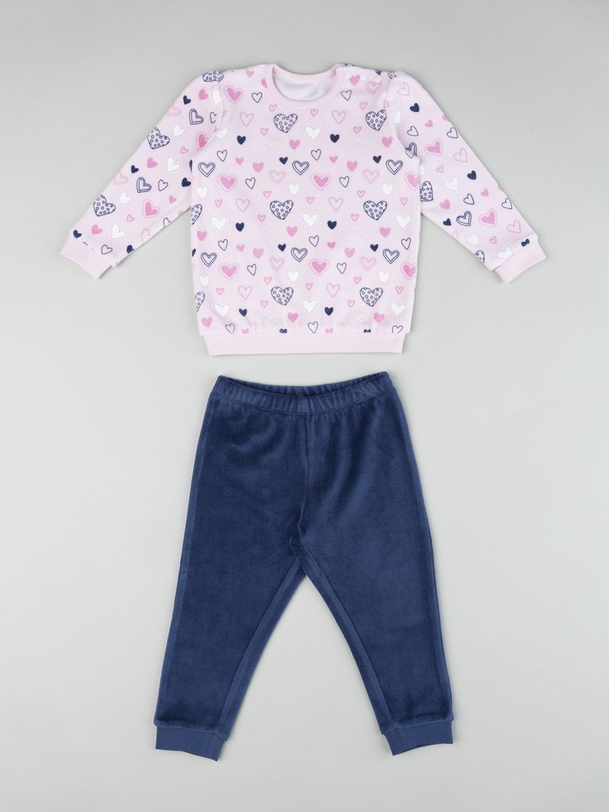 Pigiama ciniglia lungo due pezzi bimba rosa/blu "cuori"