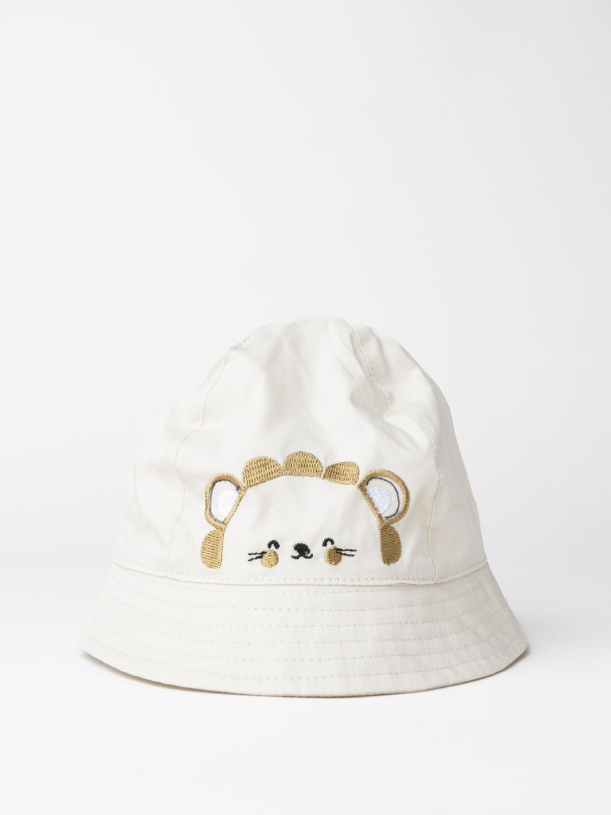 Cappello bucket neonato beige con ricamo leone