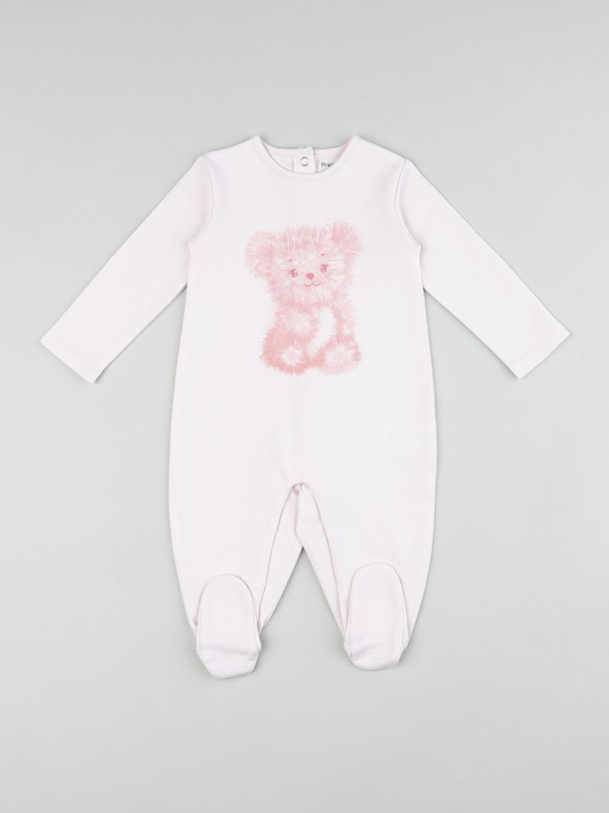 Tutina interlock con piedi bimba rosa "orsetto"