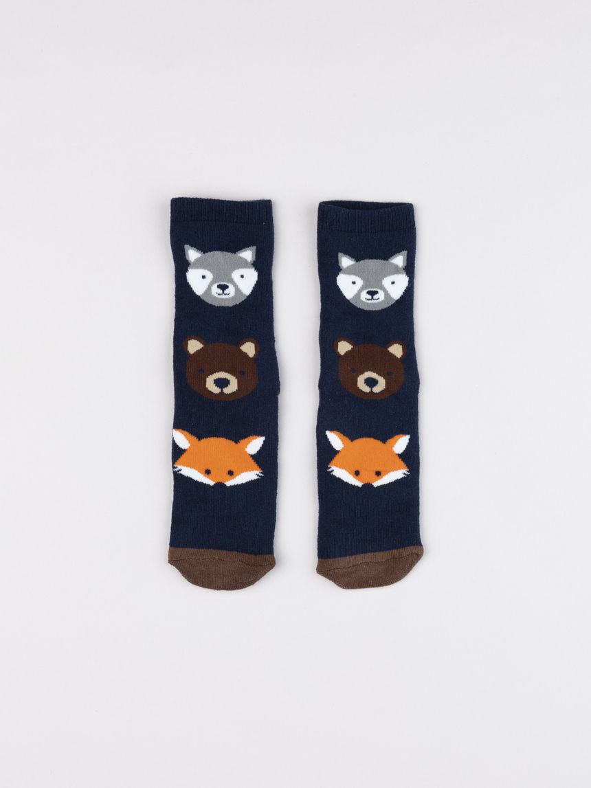 Calze antiscivolo bimbo blu/marrone animali del bosco