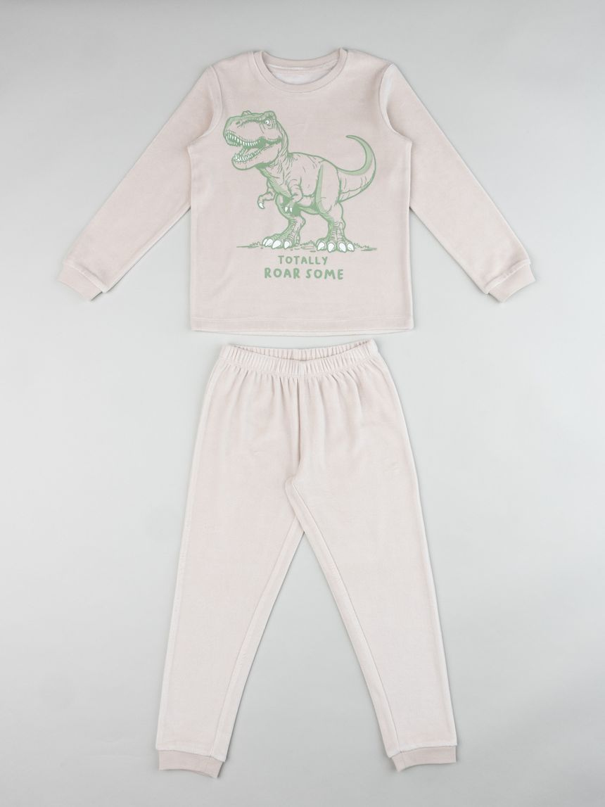 Pigiama ciniglia lungo due pezzi bimbo beige "dino"