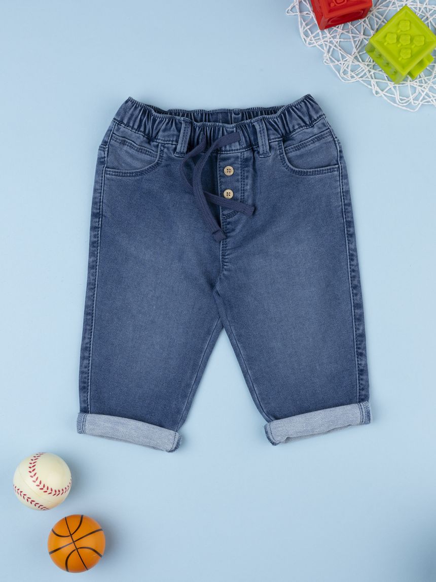 Pantalone denim bimbo con risvoltino e vita elasticizzata