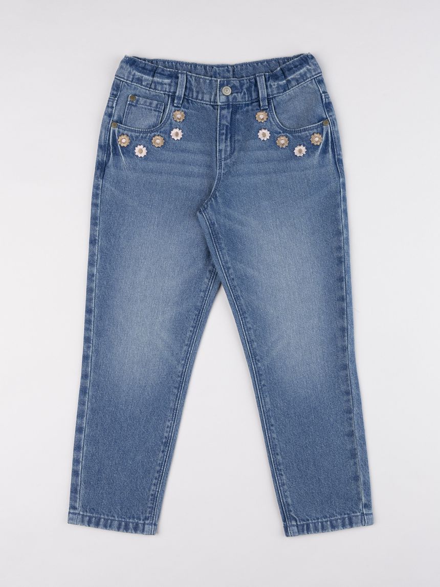 Pantaloni denim bambina blu con ricamo