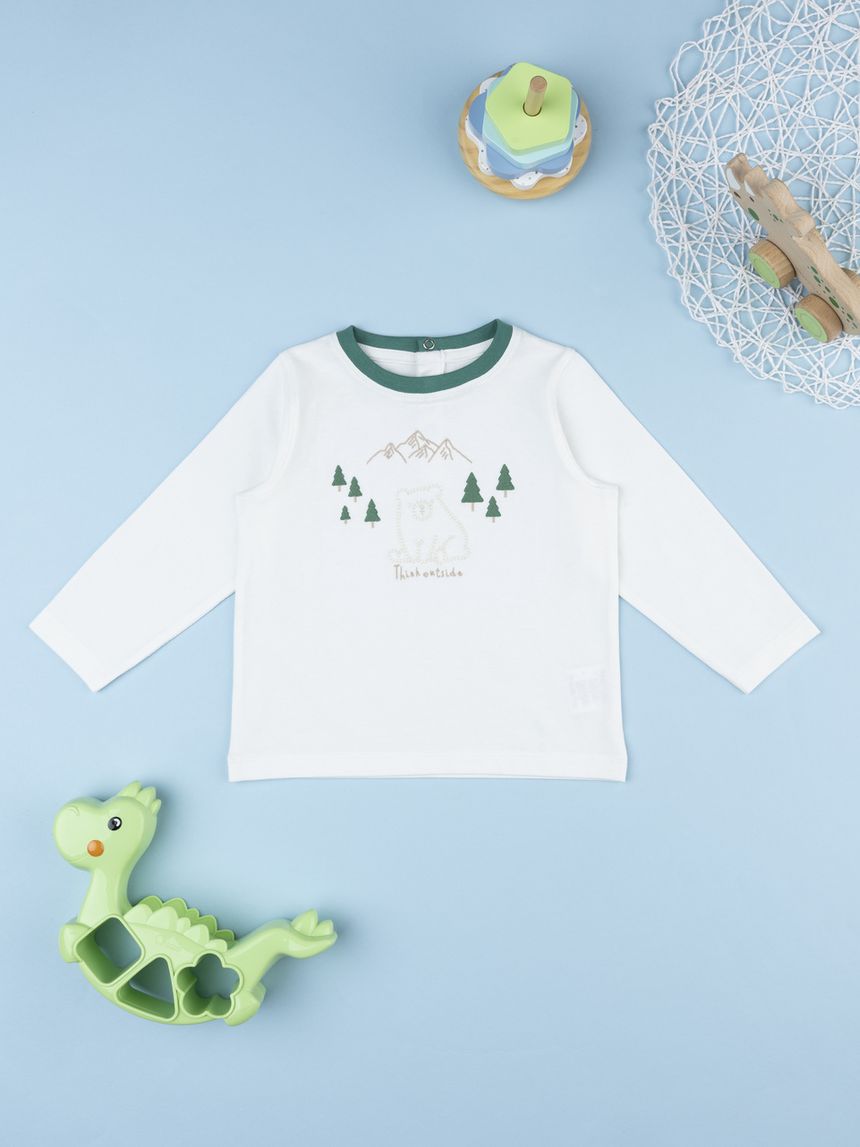 T-shirt bimbo bianca e verde con stampa montagna