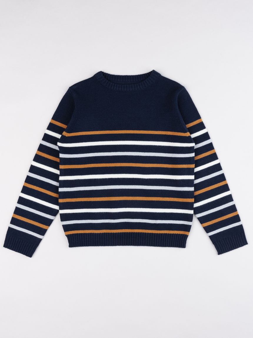 Maglia tricot bambino blu con righe multicolor