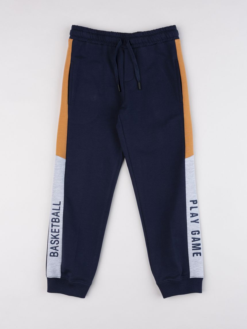 Pantaloni bambino blu garzati con bande laterali