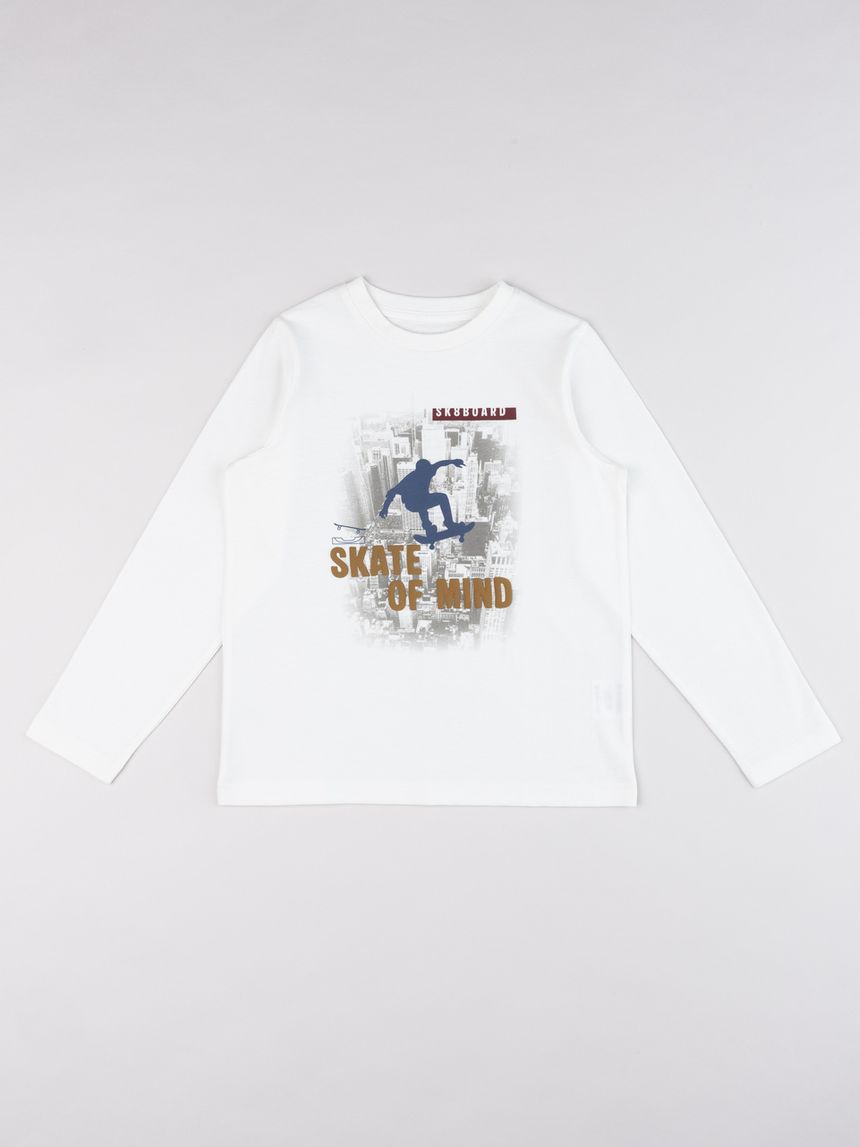 T-shirt bambino bianca manica lunga con stampa skate