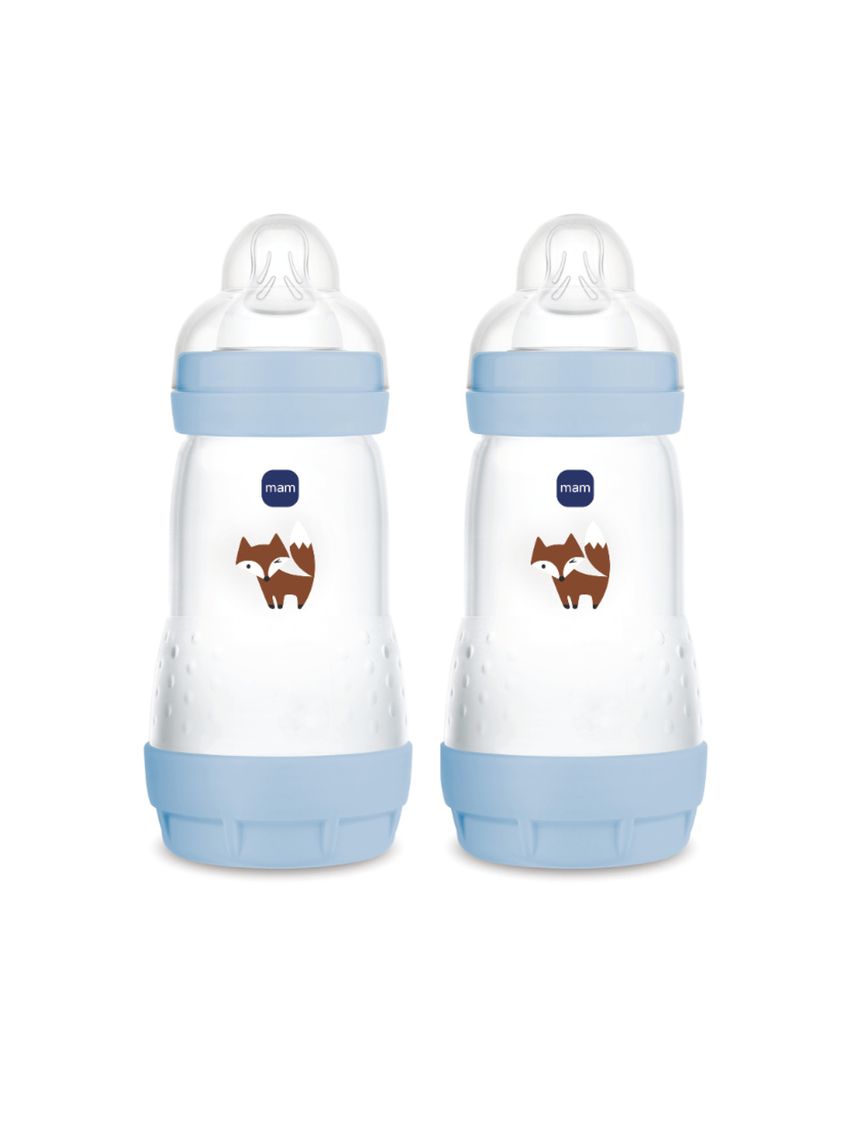 Mam biberon easy start 260 ml (set da 2), kit da 2 biberon anticolica per allattamento misto, azzurro, 2+ mesi