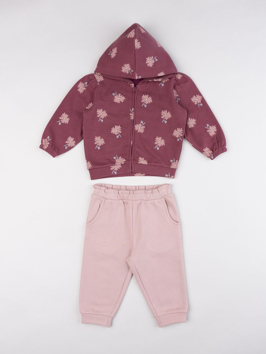Completo jogging bimba fiori bordeaux e rosa