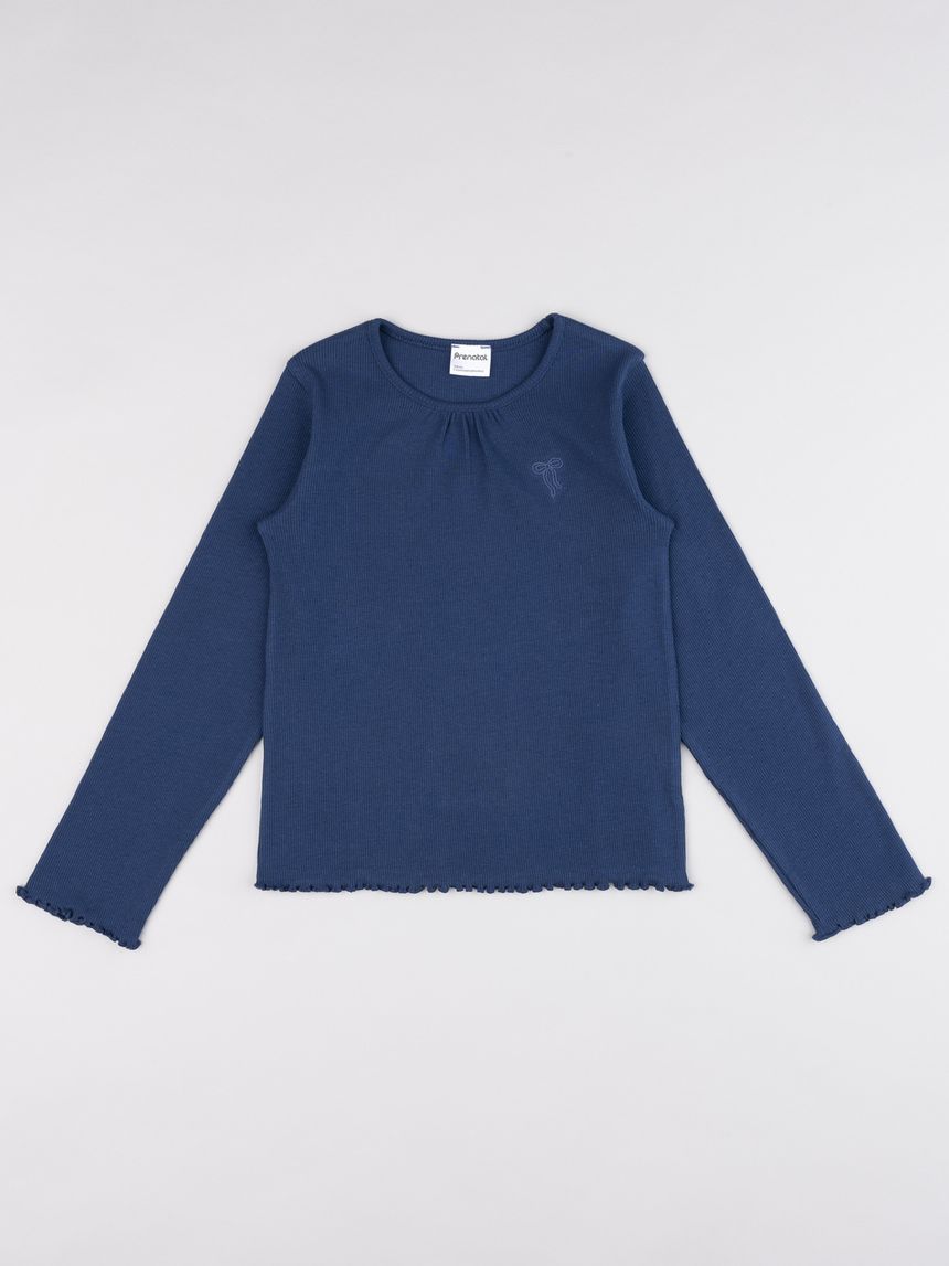 T-shirt bambina a costine blu con ricamo fiocco