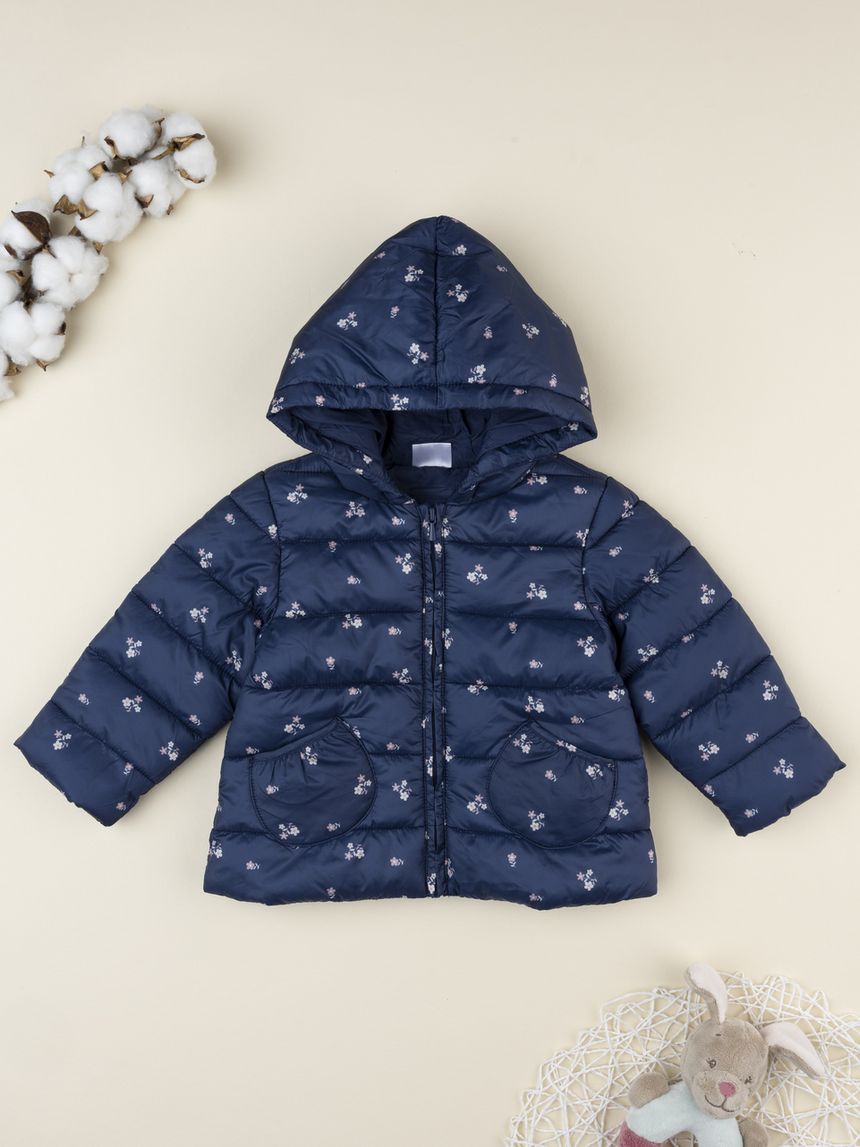 Giacca bimba blu con cappuccio e fiorellini allover
