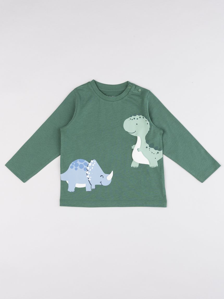 T-shirt manica lunga bimbo verde con dinosauri