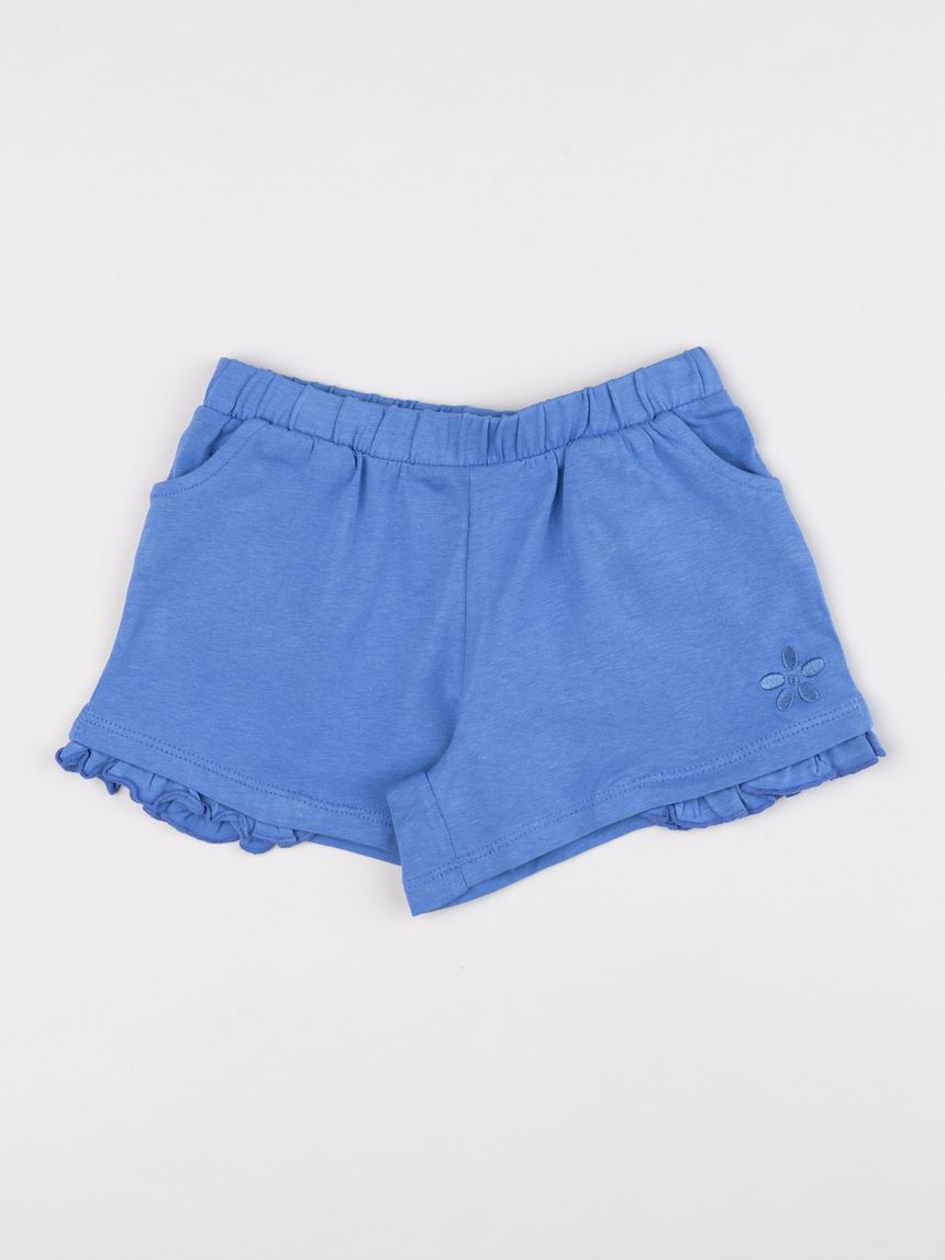 Shorts bimba blu con balza e ricamo