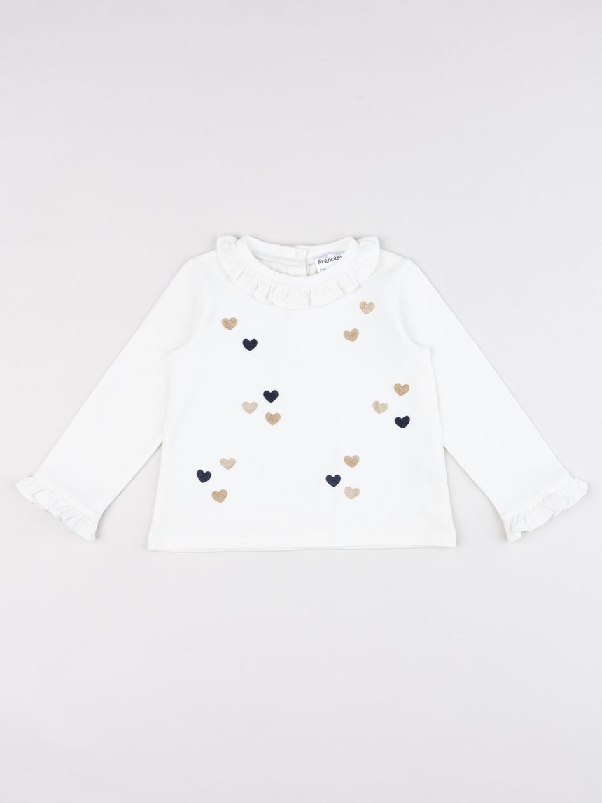 T-shirt manica lunga bianca bimba con cuoricini e volant