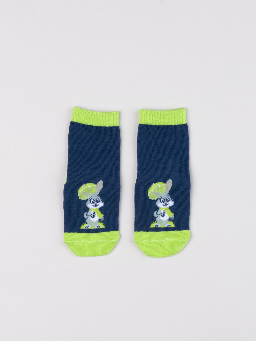Antiscivolo bimba blu navy con coniglietto e foglia