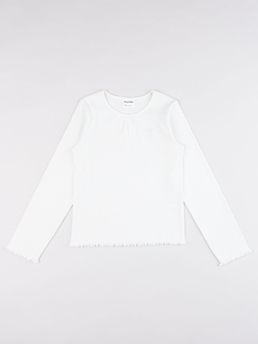 T-shirt bambina a costine blu con ricamo fiocco