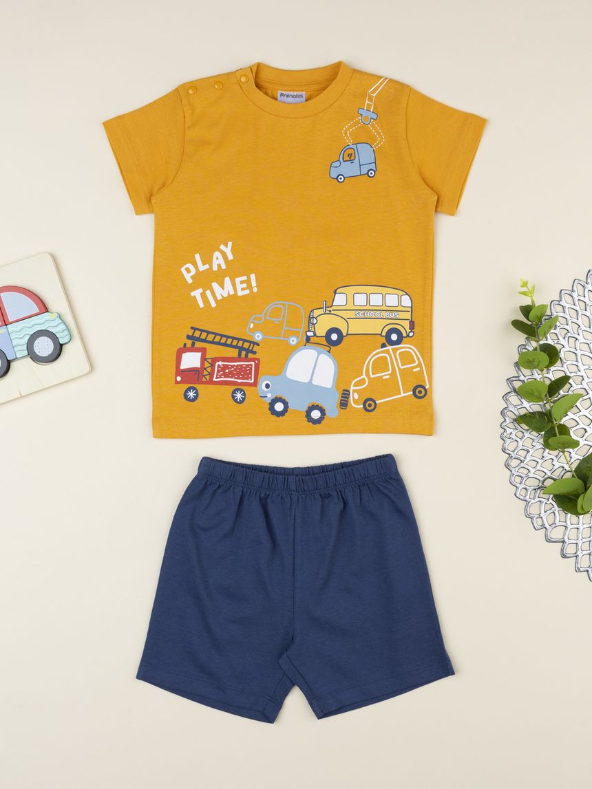 Pigiama due pezzi bimbo arancio/blu macchine