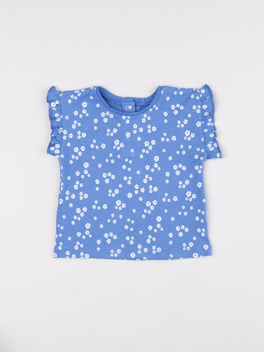 T-shirt blu bambina con volant e allover