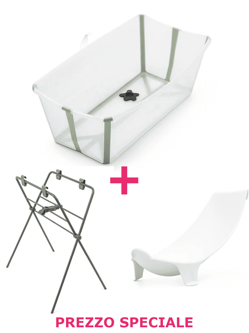 Flexi bath trasparent green + supporto per flexi e neonato a un prezzo speciale - stokke®