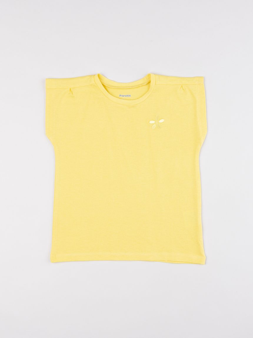 T-shirt bambina gialla con ricamo fiore