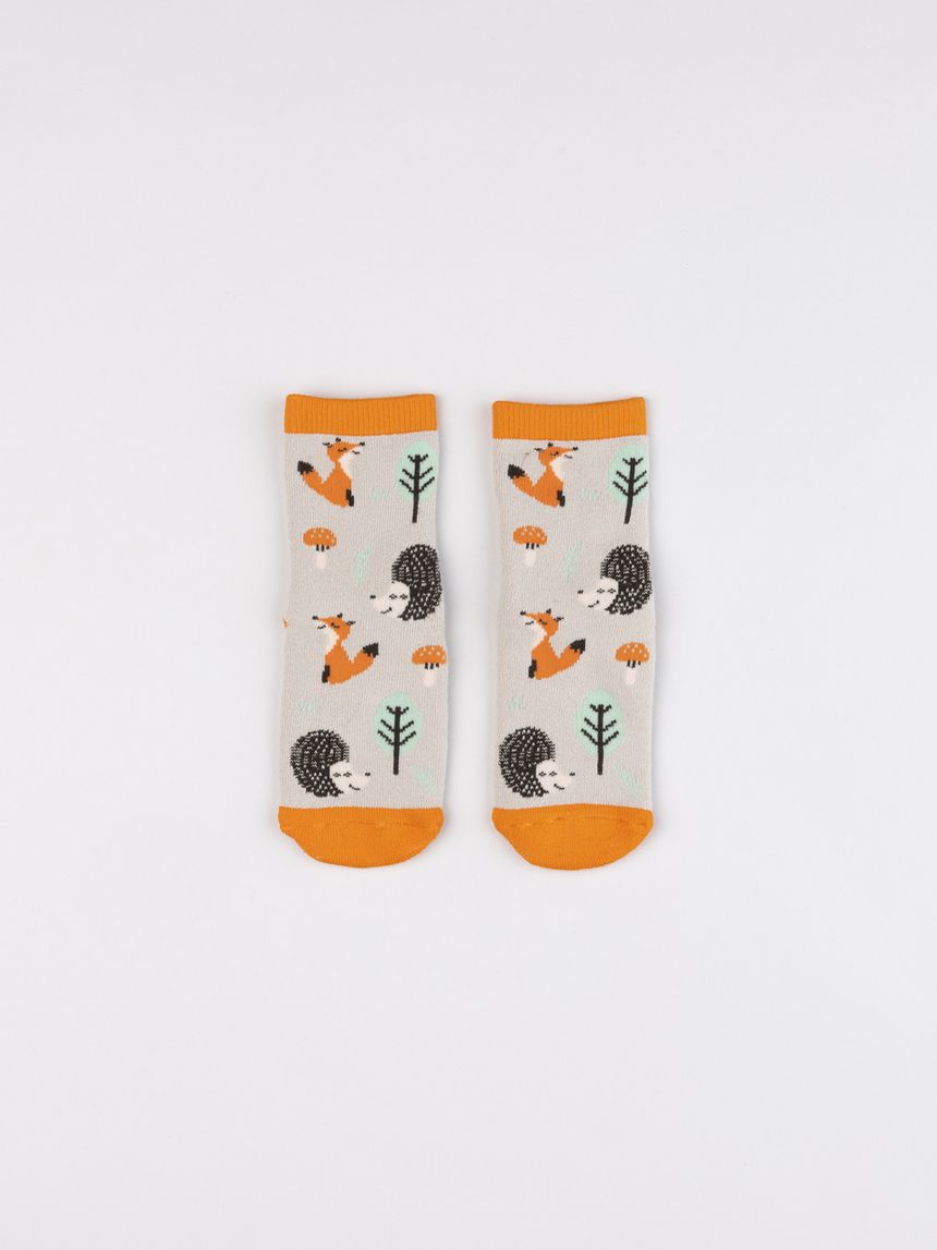 Calze antiscivolo bimbo beige/arancio animali del bosco