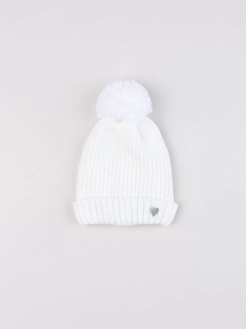 Berretto bambina in ciniglia bianco con pon pon