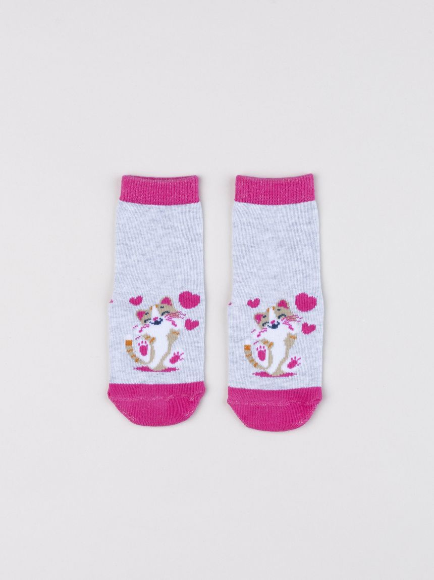 Antiscivolo bimba grigio melange/fucsia con gattino